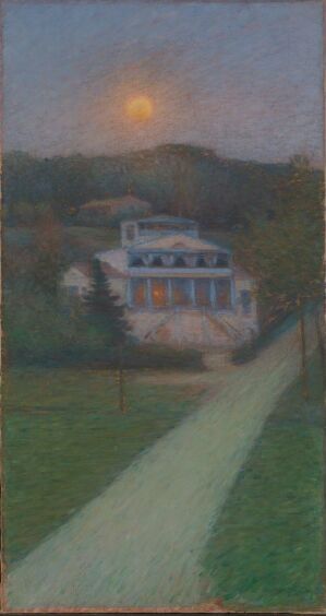  "Templet" by Karl Nordström, an oil painting on canvas depicting a twilight scene with a glowing orb in a gradient dusky sky, an elegant house illuminated by interior lights, set amid soft silhouettes of trees, with a curving path leading to the house, all rendered in a dreamlike, impressionistic style.