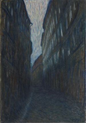  "Summer Night" - A painting by Eugène Jansson, featuring a narrow alleyway flanked by tall, dark buildings under a deep blue twilight sky, with subtle hints of light in a few windows, creating a serene, introspective urban night scene.