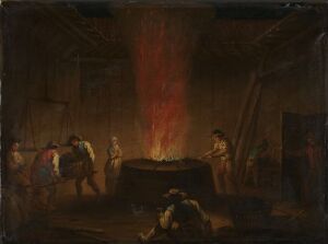  "Masovner på Bærums Verk" by Christian August Lorentzen is an oil on paper painting depicting an intense scene inside a metalworking foundry, with workers illuminated by the glowing light of a furnace at the center, surrounded by a palette of warm oranges and reds contrasted by shadowy browns and grays.