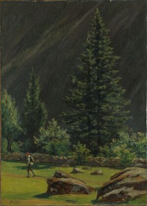  "Fra Telemark" by Martinus Rørbye—a painting capturing a tranquil woodland scene with a lone figure standing amid rocks and tall green trees, set against a somber backdrop with vertical gray lines suggestive of rain.