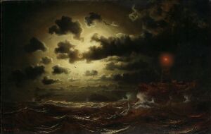  An oil painting on canvas by Simon Marcus Larson featuring a dark, stormy seascape at night with tumultuous clouds and a glowing moon peeking through, casting light onto the turbulent waters, with a single reddish-orange light visible on the horizon suggestive of human life amidst the natural scene.