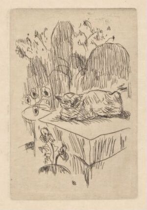  Etching on paper by Pierre Bonnard titled "Katt på bord," showing a cat lying on a table with a vase and a bowl nearby, and a curtained window in the background revealing a garden scene and a bird perched outside.