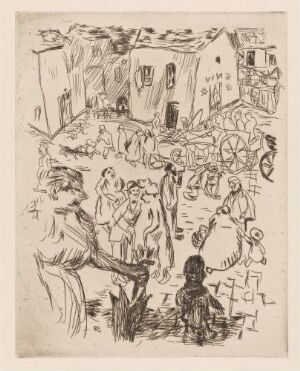  Monochromatic print titled "Town Square" by artist Pierre Bonnard, created through the drypoint on paper technique. The print depicts a bustling European town square from an observer's viewpoint, filled with casual shapes of buildings, several interacting figures, and a prominent cart, all outlined with quick expressive lines. A seated figure in the foreground appears to be observing the scene.