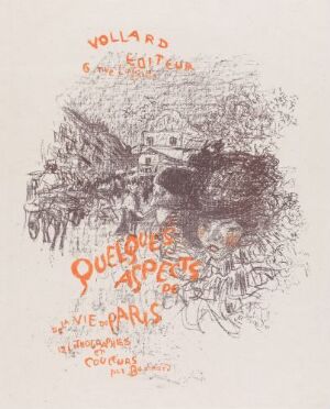  "Cover for the album 'Some Scenes of Parisian Life' by Pierre Bonnard, featuring a sepia-toned lithographic drawing of a Parisian street scene with lively sketched figures and buildings, highlighted with burnt orange text and details on an off-white paper background."