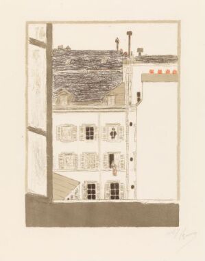  A color lithograph on paper by Pierre Bonnard titled "House in a Courtyard" featuring a classical building with multiple windows set under a textured gray sky, with subtle colors and a hint of a courtyard with floral details.