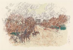  "The Arc de Triomphe" by Pierre Bonnard, a fine art color lithograph on paper depicting a muted, impressionistic scene of the Arc de Triomphe at a distance, surrounded by sketch-like foliage in earthy tones with hints of green and orange, and figures on horseback in the foreground, all executed with a soft, dynamic stroke.