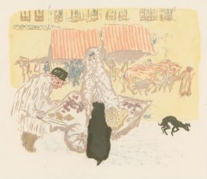  "The Costermonger" by Pierre Bonnard, a soft-hued color lithograph depicting a street vendor at a stall with indistinct wares, a figure beside them in a hat, and a lively street scene in the background with buildings and a playful dog, all rendered in an impressionistic style.