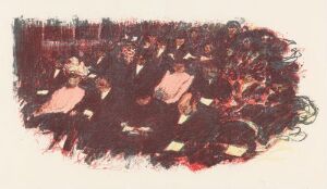  An impressionistic color lithograph by Pierre Bonnard, featuring an abstracted group of individuals in muted reddish tones with touches of pale pink, blue, and green, suggesting a lively social gathering.