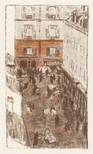  "Street Corner Seen from Above" by Pierre Bonnard. A fine art lithograph with sepia tones depicting a high viewpoint of a European street corner with buildings and a crowd of people, highlighting the warmth and historic ambience of the scene.