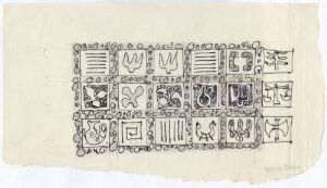  Architectural drawing titled "Study" by Erling Viksjø on thin wove paper featuring three rows of interconnected rectangular and square panels with detailed monochromatic pencil and ink patterns on an off-white background.