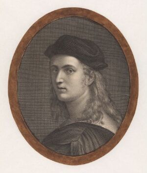  Copperplate print titled "Bindo Altoviti" by artist Raphael, featuring an oval portrait of a young man with long wavy hair wearing a Renaissance flat cap, looking to the side with a contemplative gaze. The portrait uses a monochromatic palette with shades of gray on off-white paper, conveying a serene and thoughtful expression.