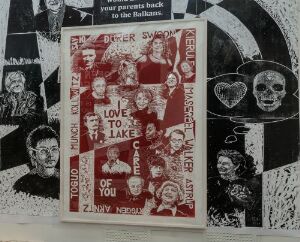  "I love to take care" by Thomas Kilpper, a color woodcut on paper, showcasing a central red area with rows of expressive portraits surrounded by contrasting black and white elements with text and abstract patterns.