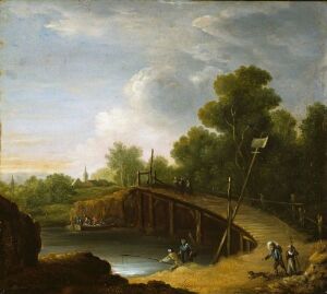 
 "Landscape with a Bridge" by Frederik Petersen, showing a serene rural scene with a wooden bridge over a small body of water, figures conversing nearby, a rocky outcrop, and a lush green landscape under a partly cloudy sky.