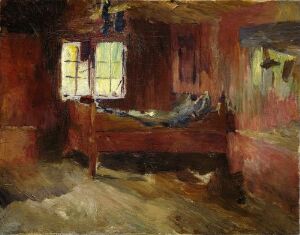  "Farm Interior, Strålsjøhaugen" by Harriet Backer, an oil on canvas painting depicting a dark, moody interior of a rustic farm room with deep terracotta red walls, rich wooden furniture, and soft light entering through a window to reveal subtle details and textures of the aged setting.