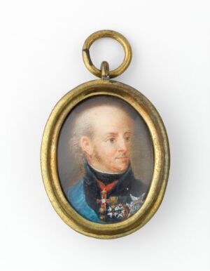  An oil on parchment miniature portrait of King Charles XIII by an unidentified artist, featuring the king in a navy military uniform with golden and red embellishments, against a gray background within a golden oval frame.