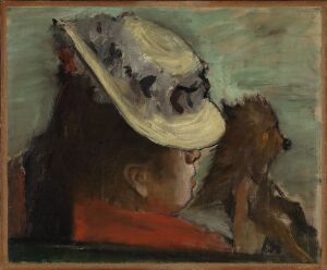  "Woman with a Dog" by Edgar Degas – A muted, impressionist oil painting featuring a profile view of a woman in a red garment and pale hat, with her dog by her side, conveyed with soft, dynamic brushwork.