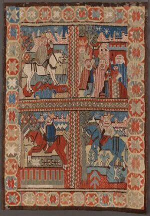  Handwoven textile titled "De hellige tre konger" by an unknown artist, depicting three regal figures on horse