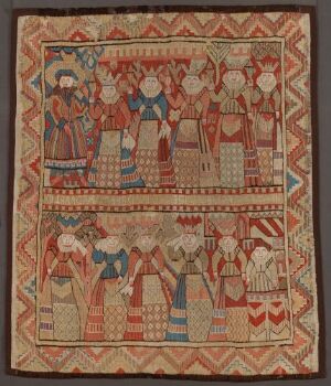  A handwoven tapestry titled "De fem kloke og de fem dårlige jomfruer" by an unknown artist depicting ten female figures dressed in patterned garments in shades of red, blue, brown, and cream. The upper row shows five virgins with lamps, while the lower row shows another five in varying poses. The figures are framed within intricate geometric and animal patterns all rendered in a traditional gobelin weave.