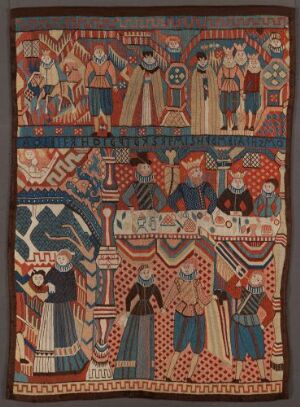  An intricately designed textile artwork divided into horizontal registers, featuring medieval or Renaissance figures in vibrant reds, blues, and earth tones, with patterns suggesting a narrative scene, bordered by decorative motifs.