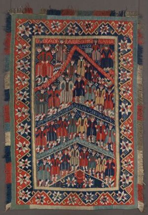  An intricately woven tapestry titled "Kristi forfedre" by an unidentified female artist, featuring a pyramid-like structure of human figures at the center with a complex, colorful border of geometric and floral patterns, woven using wool, silk, and metal threads.