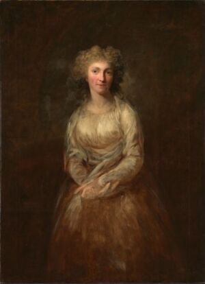  "Portrait of a Woman" by Anton Graff, an oil painting on canvas featuring a softly smiling, genteel woman with golden-tinged brown hair, dressed in a light cream dress with sheer long sleeves and a low neckline, set against a dark brown background.
