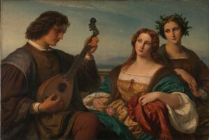  "Minstrel and two listening Ladies" by Karl Ferdinand Sohn is an oil painting capturing a scene with a minstrel holding a lute on the left, and two attentive ladies in period attire on the right. The color palette is soft and earthy, suggesting a serene historical setting.