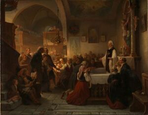  "Celebrating Communion in a Swedish Parish Church" is an oil on canvas by Bengt Nordenberg depicting a communion service in a historical church interior; with parishioners in traditional attire focused on the clergyman at the altar, and a nuanced palette of warm earth tones enhancing the solemn atmosphere.