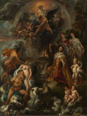  "The Blessings of the Peace of Westphalia" by Jacob Jordaens, an allegorical oil painting on canvas featuring regal figures and celestial beings, in a rich palette of browns, reds, and illuminated whites and golds, symbolizing the divine sanction of peace.