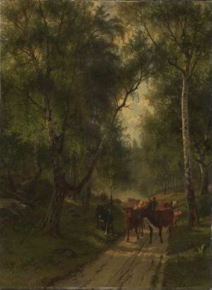  "Birch Wood" by Edvard Bergh, an oil painting on canvas depicting a tranquil forest scene with birch trees, a dirt path, and figures with horses rendered in shades of green, brown, and touches of light.