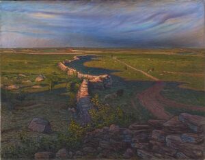  "Hedebilde fra Øland," an oil on canvas painting by Nils Kreuger, showcasing a serene rural landscape at dusk with a beautiful display of purples, blues, and pinks in the sky above green fields, a meandering blue waterway, and a rocky outcrop in the foreground.