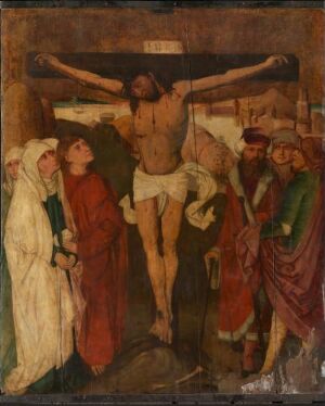  A traditional oil painting on panel by an unidentified German artist depicting the crucifixion of Jesus Christ with mournful onlookers. Central figure is on the cross amidst somberly clad individuals in whites and rich reds and burgundies. The painting captures a reflective biblical scene using a naturalistic palette with shadowing to convey depth.