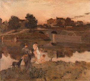  "Evening in Auvers" by Jean Charles Cazin, depicting a serene evening landscape with a woman and two children by the water's edge, a dog beside them, a bridge in the distance, and houses under a softly colored sky.