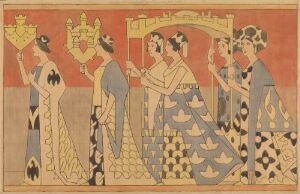  An artwork of a medieval procession with five women in patterned dresses holding staffs, harps, and books, in a beige-pink background with a golden arch on the top right. The artist's name and title are unknown.