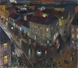  "Kveld i Grønlandsleiret" by Reidar Aulie, an expressionist oil painting on canvas depicting a night scene in Grønlandsleiret with warmly lit buildings casting a glow on the dark, cobblestoned streets below, as a few people move along the streets beneath the dark blue evening sky.