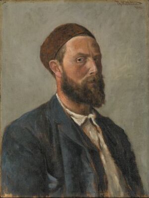  An oil painting on canvas titled "Self-Portrait" by Theodor Kittelsen, featuring the artist with a dark beard and hair, wearing a dark blue jacket and white shirt with a loosely tied tie. The artist is depicted with a contemplative expression, gazing directly at the viewer against a muted gray background.