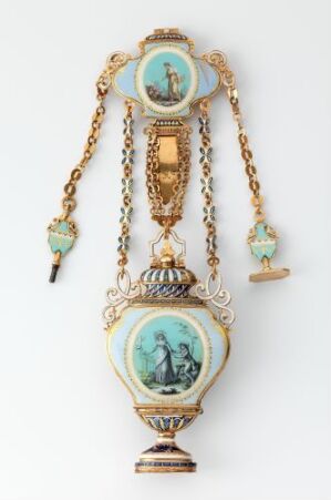  An ornate Châtelaine clock made of cast and enameled gold, featuring linked joints, pearls, and a central clock face surrounded by robin's egg blue enamel with classical figures. Decorative chains hold additional enameled objects, blending utility with extravagant design, attributed to an unidentified artist.