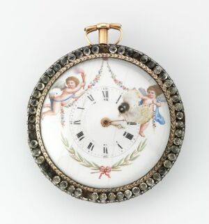  Antique pocket watch with a white face featuring Roman numerals and painted cherubs, encircled by clear gemstones and a gold-colored frame.