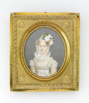  "Fru Elise Borch f. Rode" by an unidentified artist, a portrait of a pale-skinned woman with embellished hair, wearing a frilly light-colored period dress, pencil drawing with colors on wood and paper, encased in an ornate brass frame with glass.