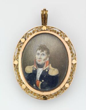  An oval-shaped locket in gold, showcasing a hand-painted ivory portrait of a man in a dark blue military uniform with gold epaulettes, surrounded by a finely detailed gold frame with filigree and beadwork. The piece is titled "Ulrich Fredrik Suhm Sverdrup," and its materials include gold, ivory, glass, and possibly pearls, with artist unknown.