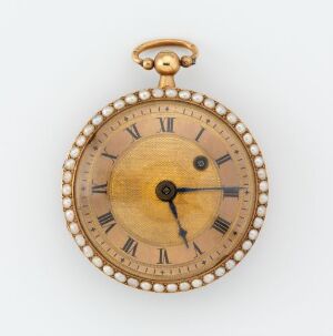  An antique gold-toned pocket watch with Roman numerals on its face, decorated with small bead-like accents on the rim, and featuring ornate black watch hands.