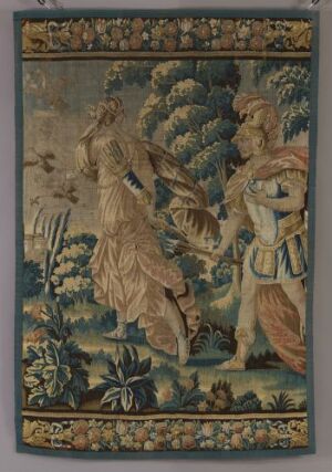  Antique tapestry depicting a serene woman in a patterned dress and a male figure in noble attire with a