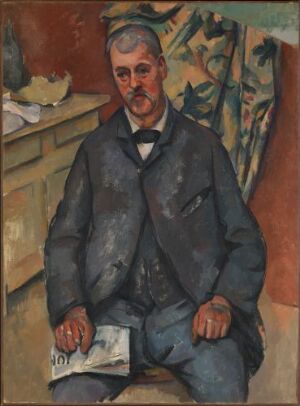  "The Card Player" by Paul Cézanne, a painting of a seated man in a dark suit holding a piece of paper, with a stylized background in oil on canvas. The man has short hair and a mustache, and is positioned in front of a decorative background, rendered in a post-impressionistic style.