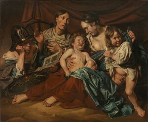  "Faith, Hope and Charity" by Gerrit van Deurs, an oil on canvas painting depicting three women and two children, representing the virtues of faith, hope, and charity, with one woman embracing a child, another looking upward, and the third gazing out of the painting, all set against a dark backdrop with a heavy drape.