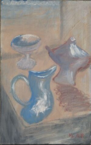  "Stilleben" by Vilhelm Lundstrøm, an oil painting on canvas depicting a still life arrangement with a blue vase, a beige bowl, and another object on a textured background of beige, gray, and blue brushstrokes.