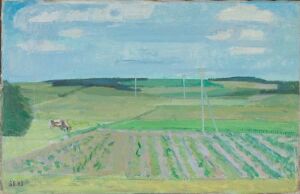  "Junilandskap" is an oil painting by Svend Engelund depicting a serene rural landscape with parallel lines of green in the foreground suggesting agricultural rows, a vibrant green field with a small red tractor, rolling blue-green hills, and a clear blue sky with wisps of white clouds, painted in a loose, expressive style.