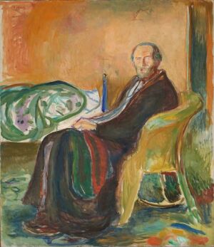  "Self-Portrait with the Spanish Flu" by Edvard Munch, an oil painting on canvas showing the artist seated in an armchair, appearing introspective and unwell, surrounded by abstract brushstrokes in warm oranges, yellows, and contrasting greens.
