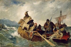  Oil painting "Nordmennene lander på Island år 872" by Oscar A. Wergeland depicting a wooden boat with Scandinavian seafarers wearing earth-toned medieval clothing, navigating turbulent blue and grey waves, with dramatic clouds overhead.