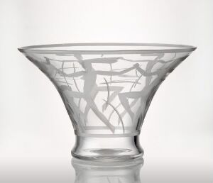  "Dansende ynglinger - Sverddansen" glass object by Sverre Pettersen featuring a flared, vase-like shape with etched figurative silhouettes of young men dancing with swords in a semi-transparent frosted glass material.