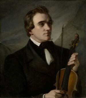  Portrait of the violinist Ole Bull holding a violin and bow, painted by Elisabeth Jerichau Baumann. The subject is depicted in a black suit with a white shirt, against a dark, muted background. His expression is contemplative, and the painting conveys a sense of depth and emotion through its use of color and light.