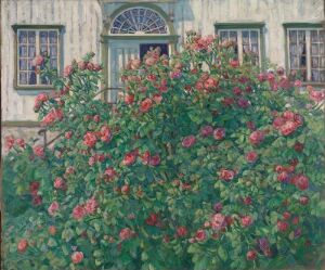  "Oil on canvas painting by August Jacobsen, featuring a flourishing rose bush in shades of pink and red with dark green leaves in front of a classical building with teal window shutters and white mullioned windows."